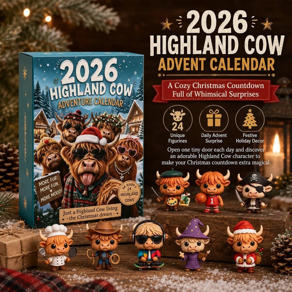 Highland Cow Advent Calendar 2026 with 24 Collectible Figurines