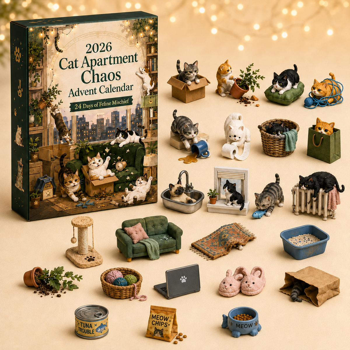 Cat apartment advent calendar with 24 numbered doors