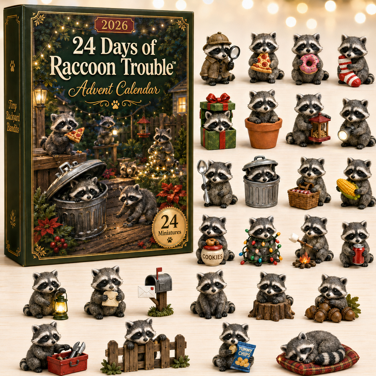 Raccoon Mischief Advent Calendar 2026 with 24 Figurines