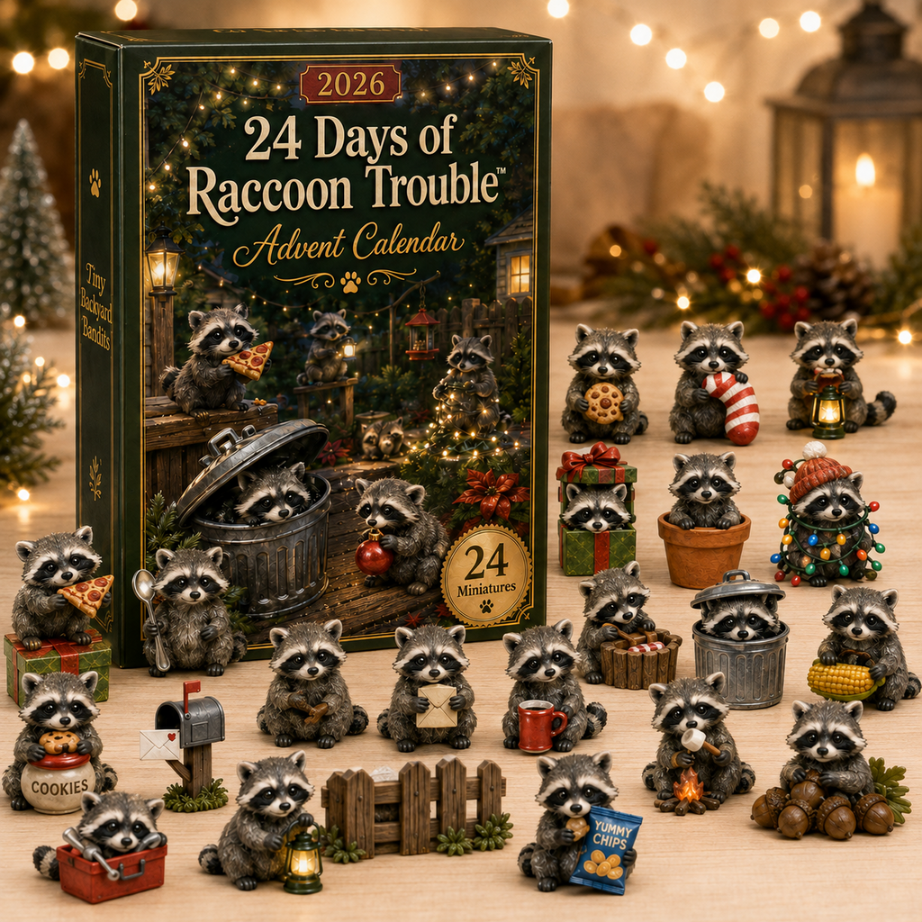 Raccoon mischief advent calendar with 24 numbered doors