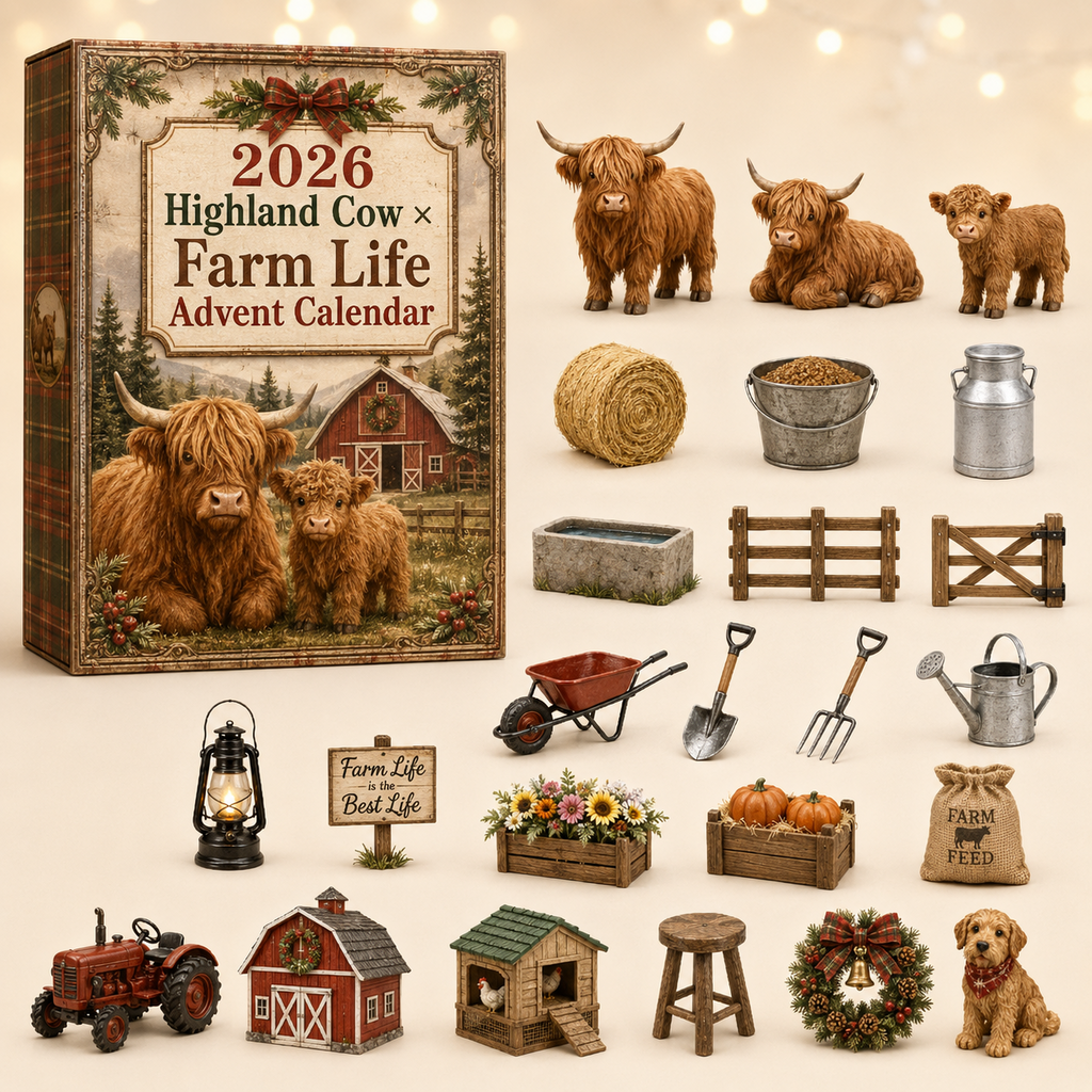 Highland Cow Farm Life Advent Calendar 2026 with 24 Figurines
