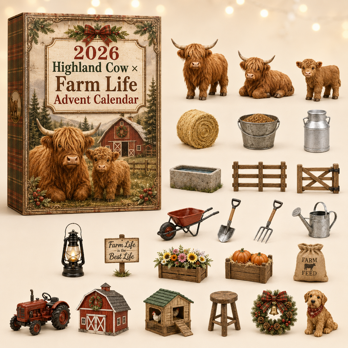 Highland Cow Farm Life Advent Calendar 2026 with 24 Figurines