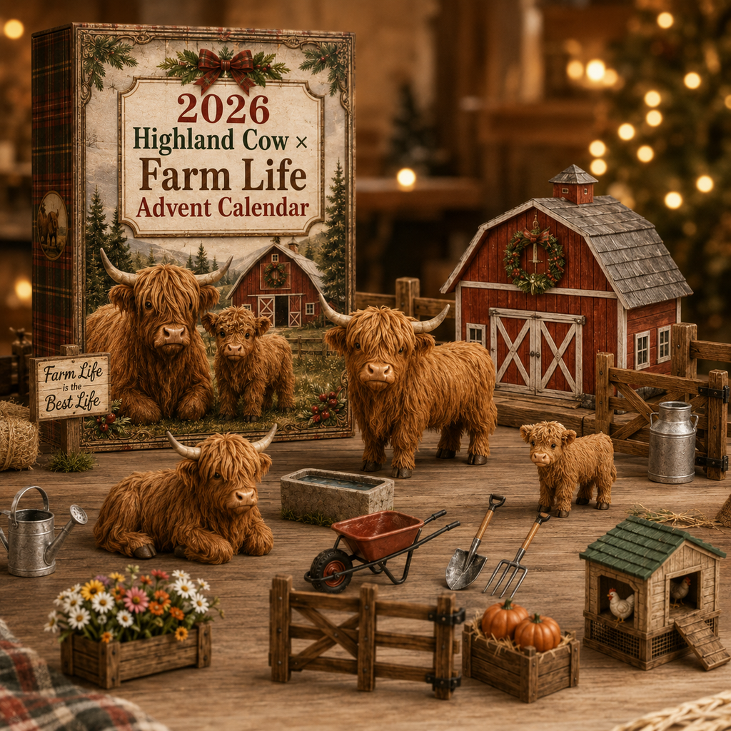 Highland cow farm advent calendar with 24 numbered doors
