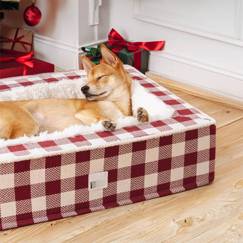Dog Bed - Tartan Plaid, Supportive Foam Bolsters