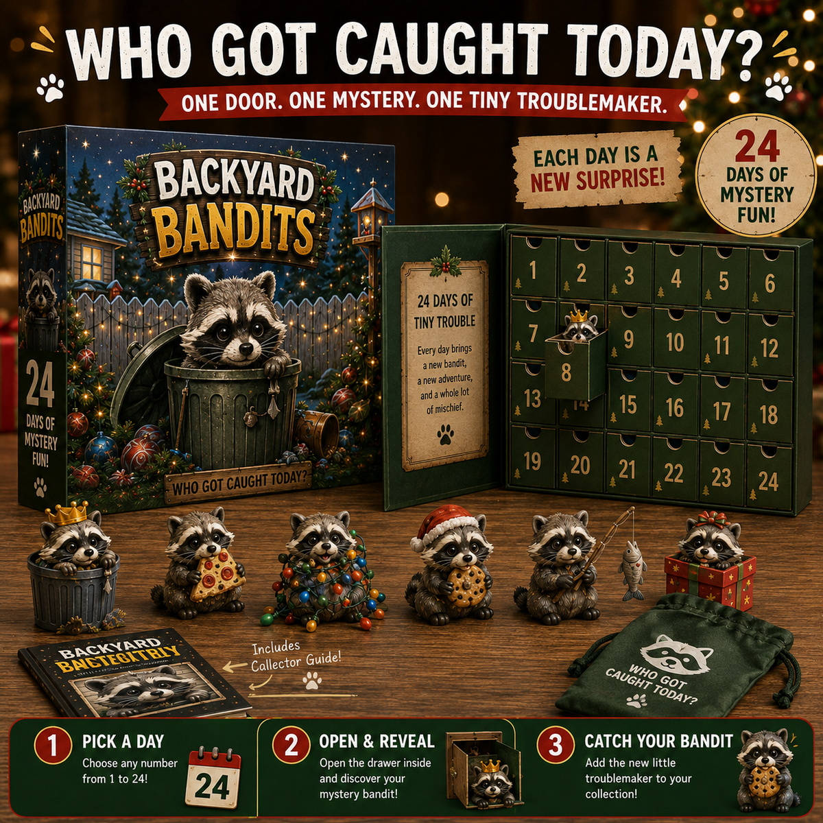 Raccoon advent calendar with 24 numbered doors
