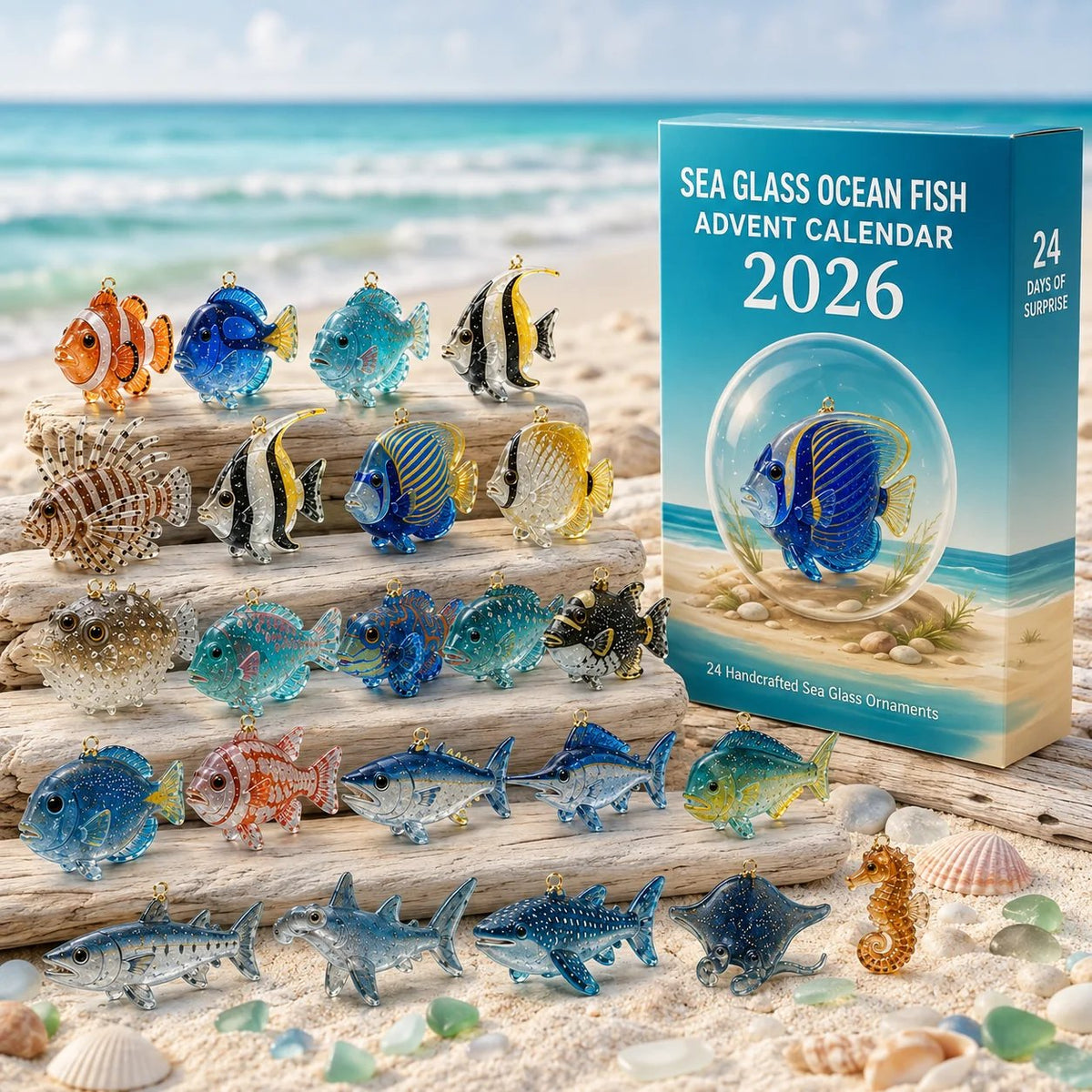 2026 Sea Glass Ocean Fish Advent Calendar – 24 Handcrafted Coastal Ornaments for Christmas Decor 1