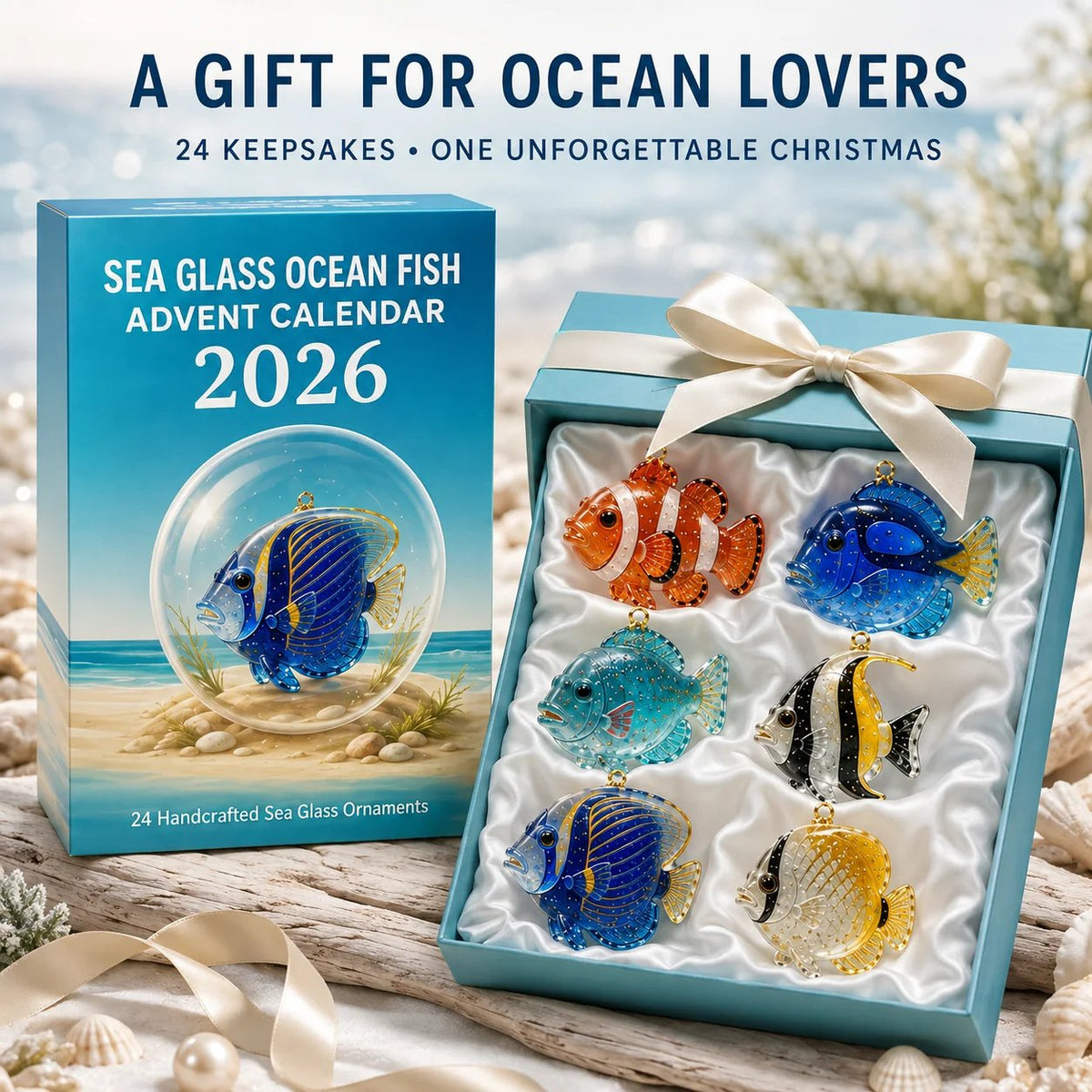 2026 Sea Glass Ocean Fish Advent Calendar – 24 Handcrafted Coastal Ornaments for Christmas Decor 6