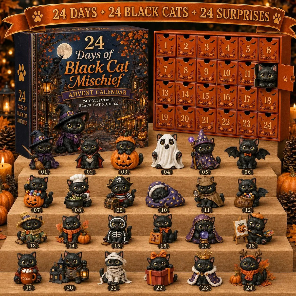 24 Days of Black Cat Mischief Advent Calendar | Halloween Collectible Figurines in Witch, Vampire & Ghost Costumes 0