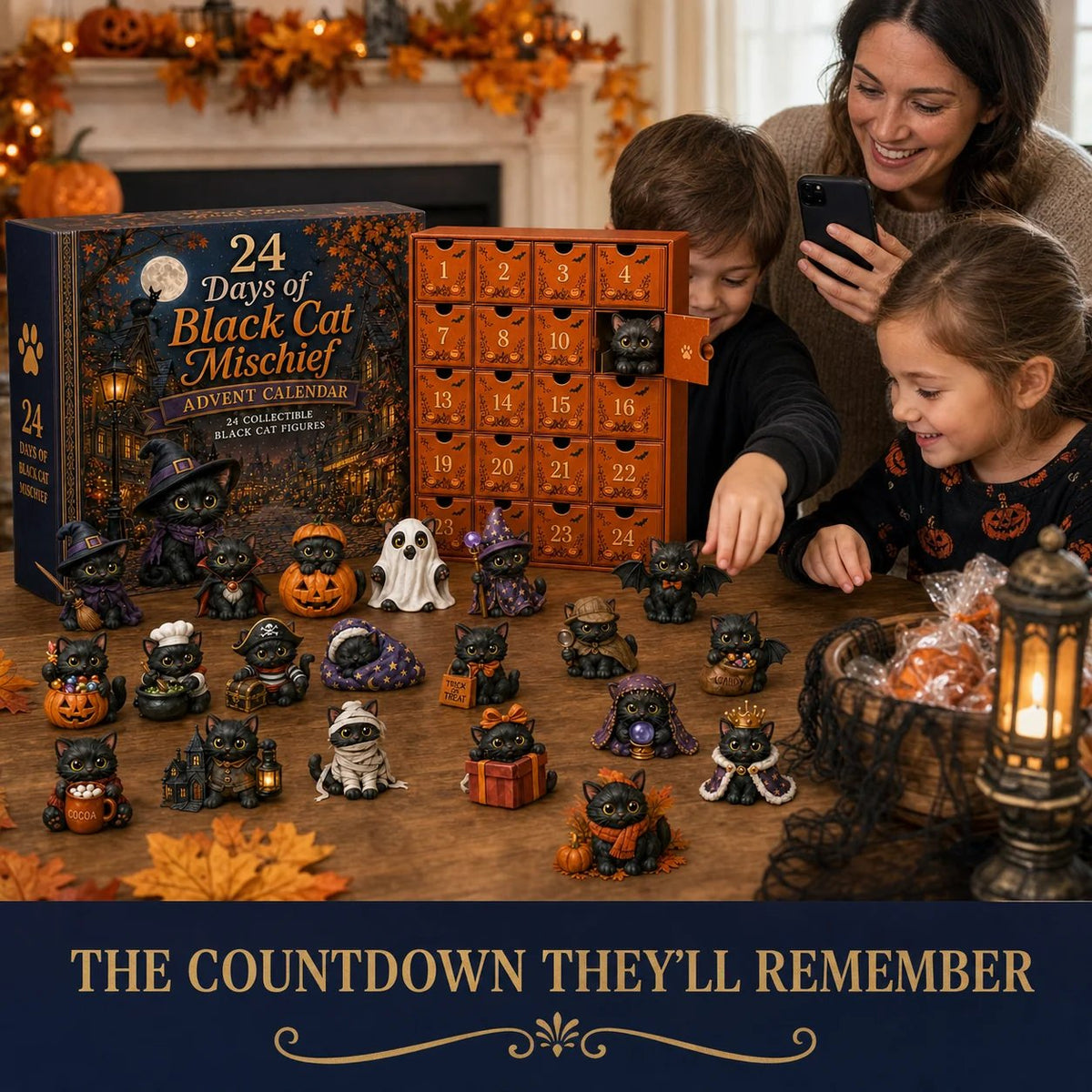 24 Days of Black Cat Mischief Advent Calendar | Halloween Collectible Figurines in Witch, Vampire & Ghost Costumes 1