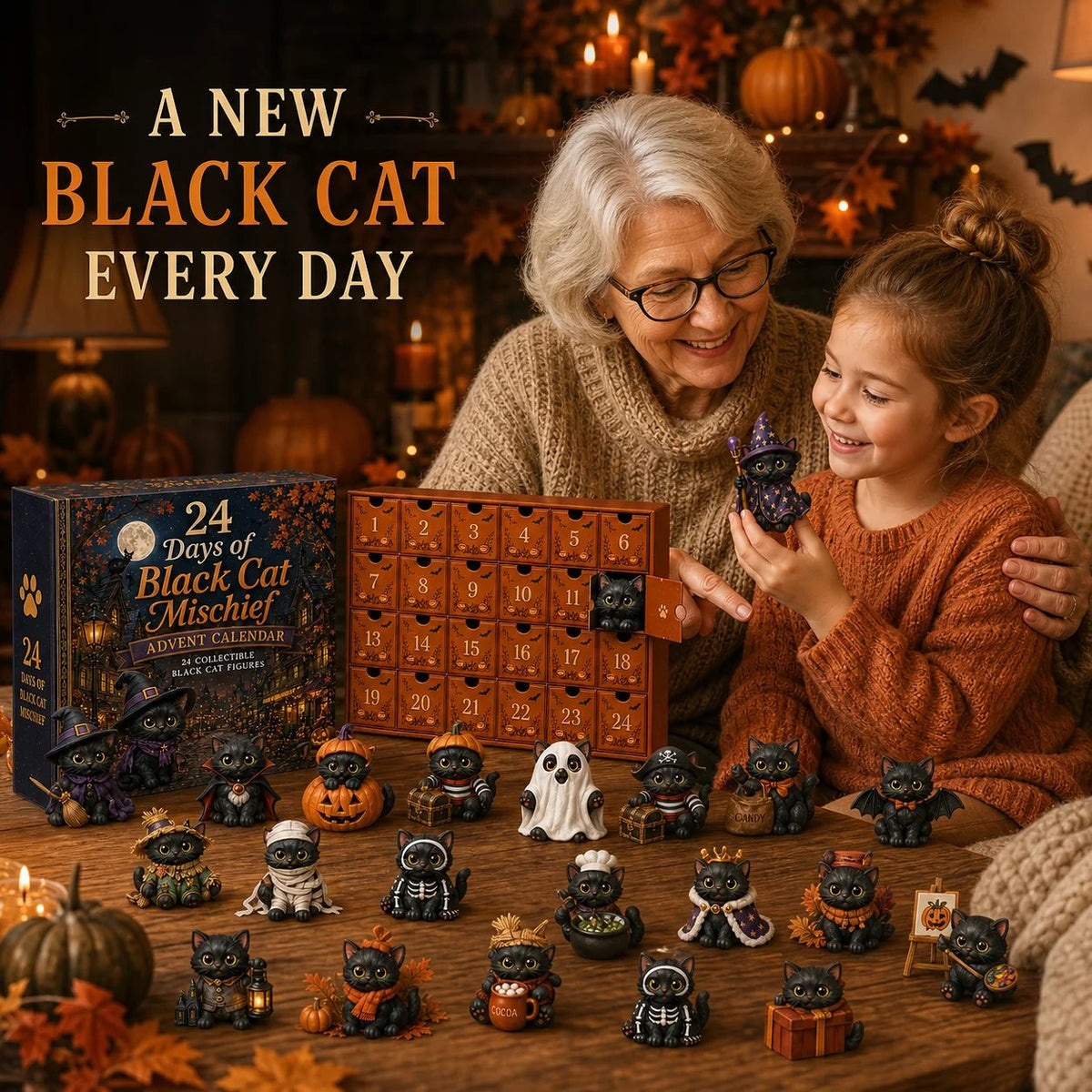 24 Days of Black Cat Mischief Advent Calendar | Halloween Collectible Figurines in Witch, Vampire & Ghost Costumes 3