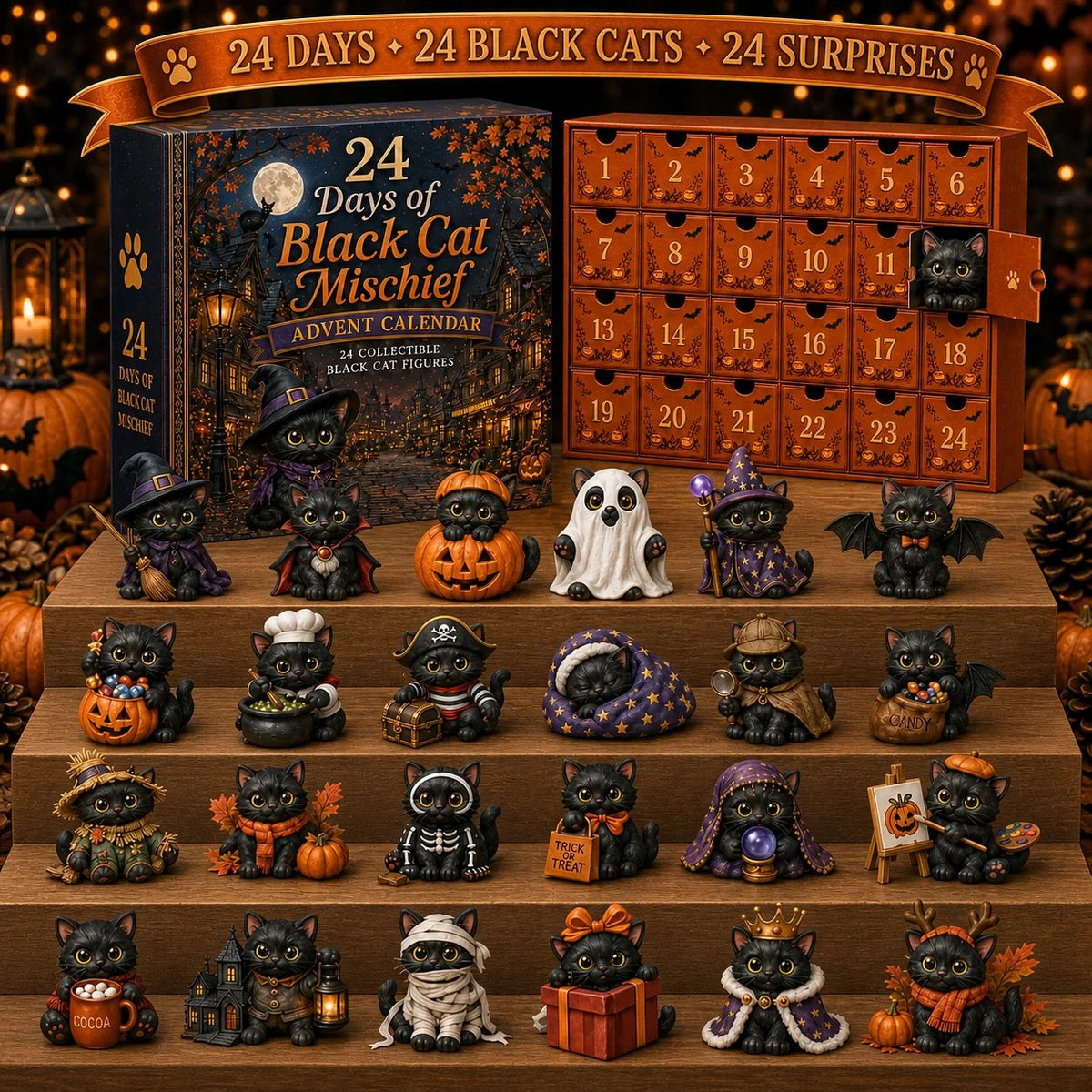 24 Days of Black Cat Mischief Advent Calendar | Halloween Collectible Figurines in Witch, Vampire & Ghost Costumes 5