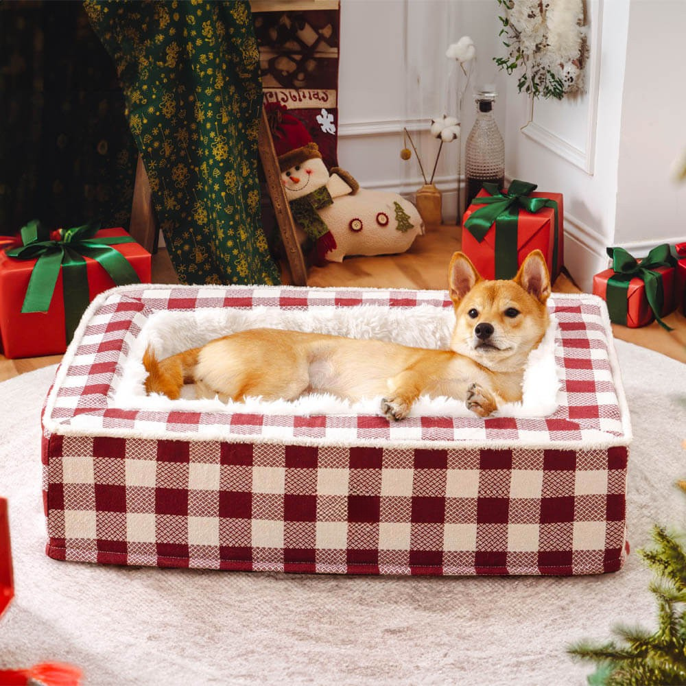 Dog Bed - Tartan Plaid, Supportive Foam Bolsters