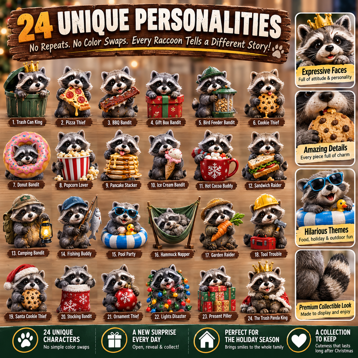Collectible raccoon figurines from the advent calendar