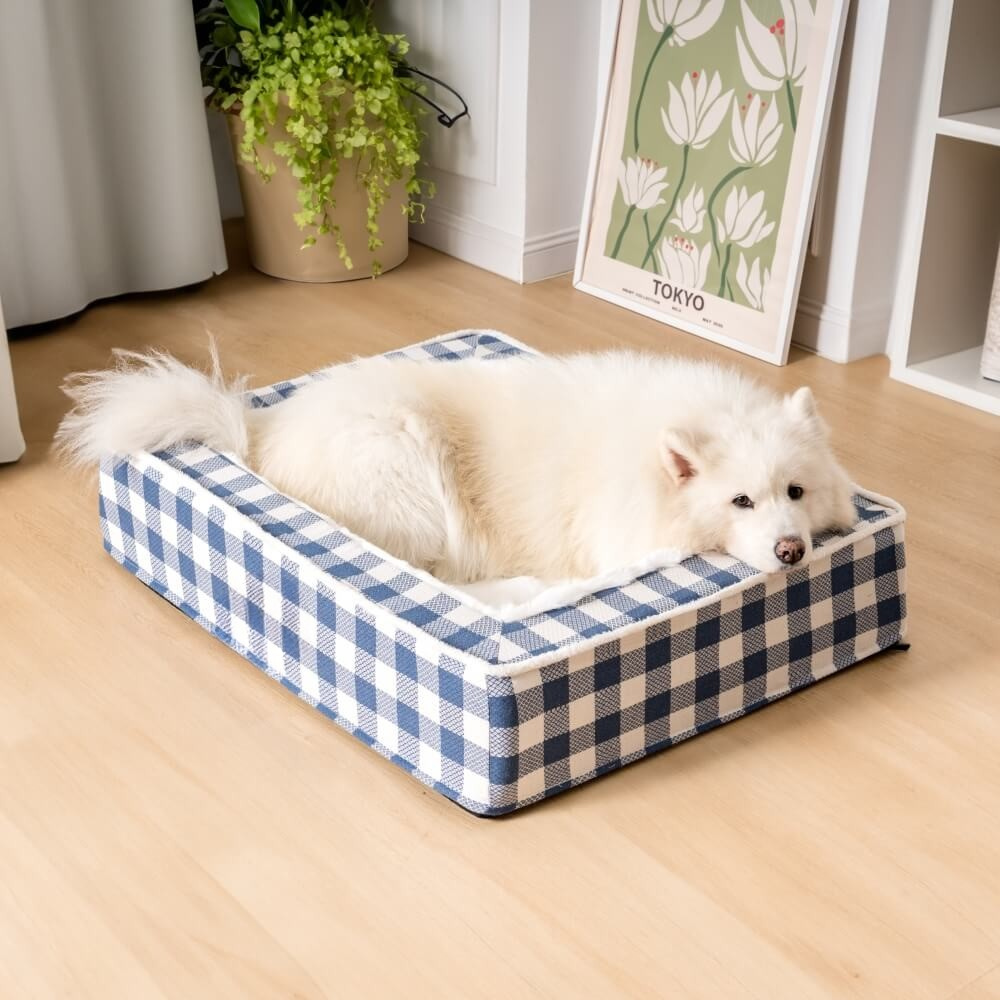 Dog Bed - Tartan Plaid, Supportive Foam Bolsters