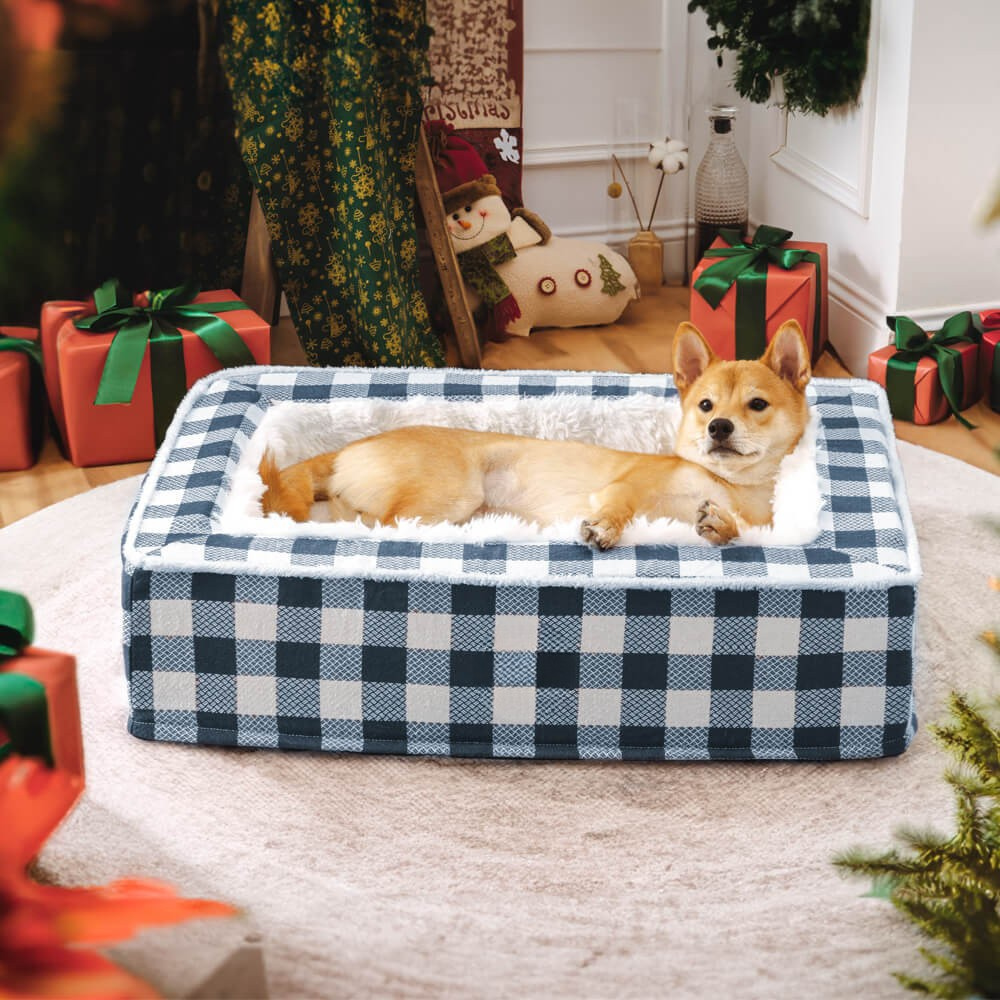 Dog Bed - Tartan Plaid, Supportive Foam Bolsters