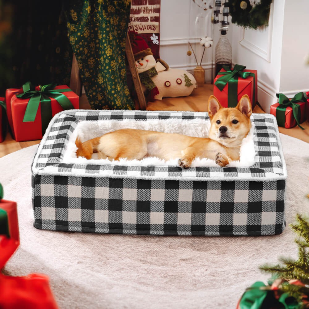 Dog Bed - Tartan Plaid, Supportive Foam Bolsters