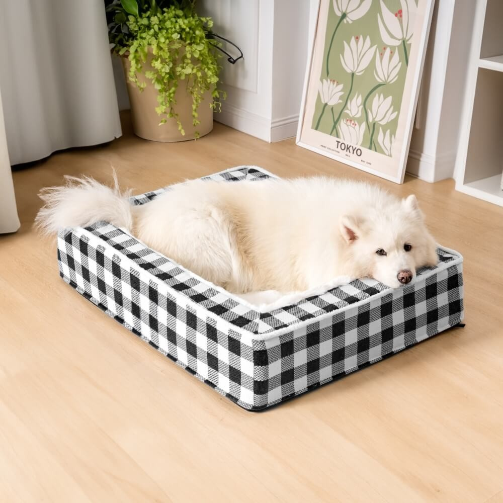 Dog Bed - Tartan Plaid, Supportive Foam Bolsters