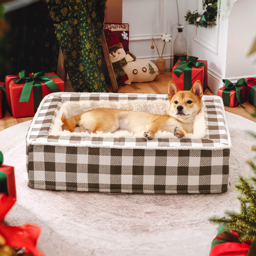Dog Bed - Tartan Plaid, Supportive Foam Bolsters