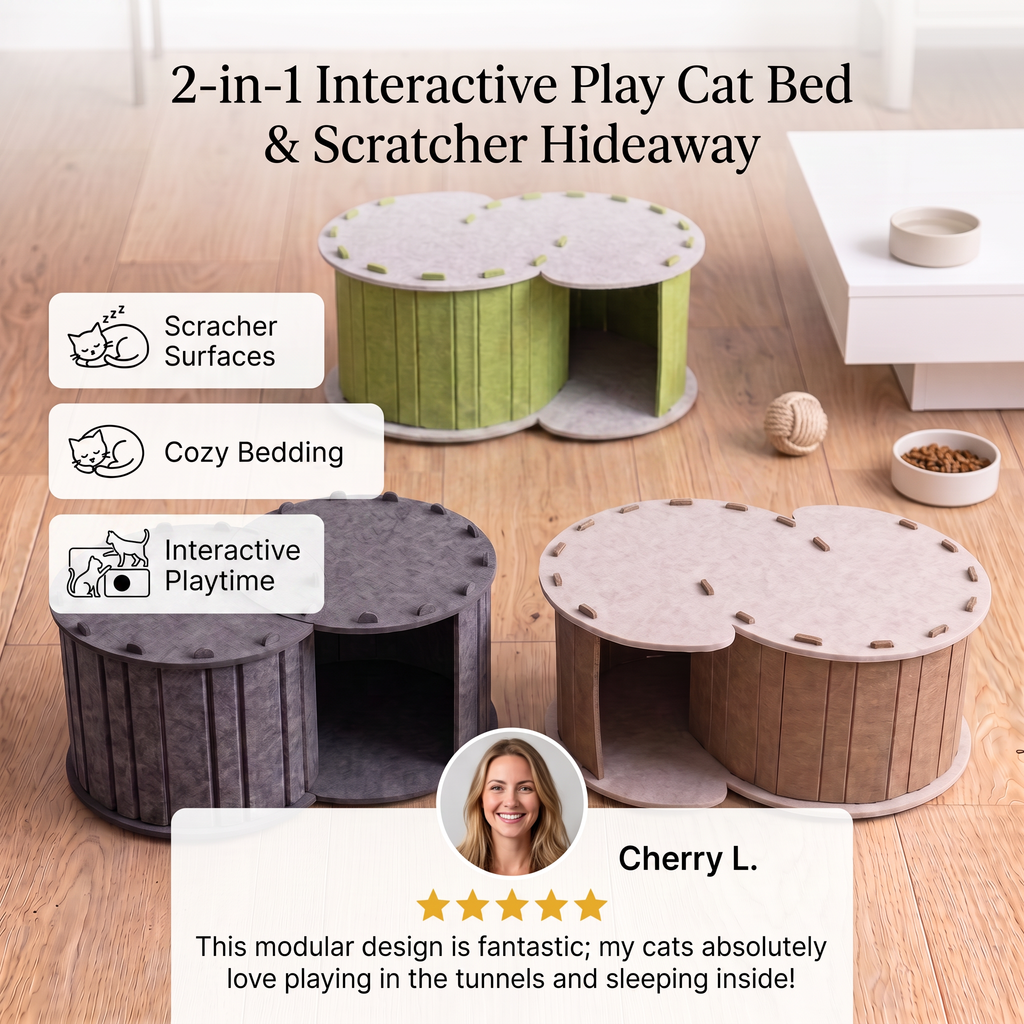 Cat Bed | C-Shaped Cave Design, Built-In Scratcher 1