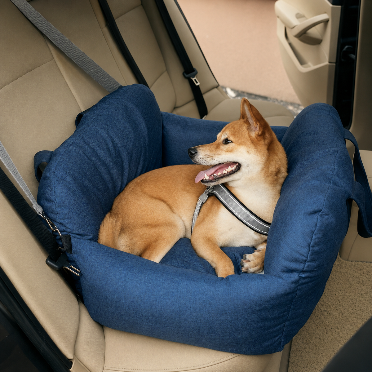 Dog Car Travel Bed with Adjustable Safety Leashes