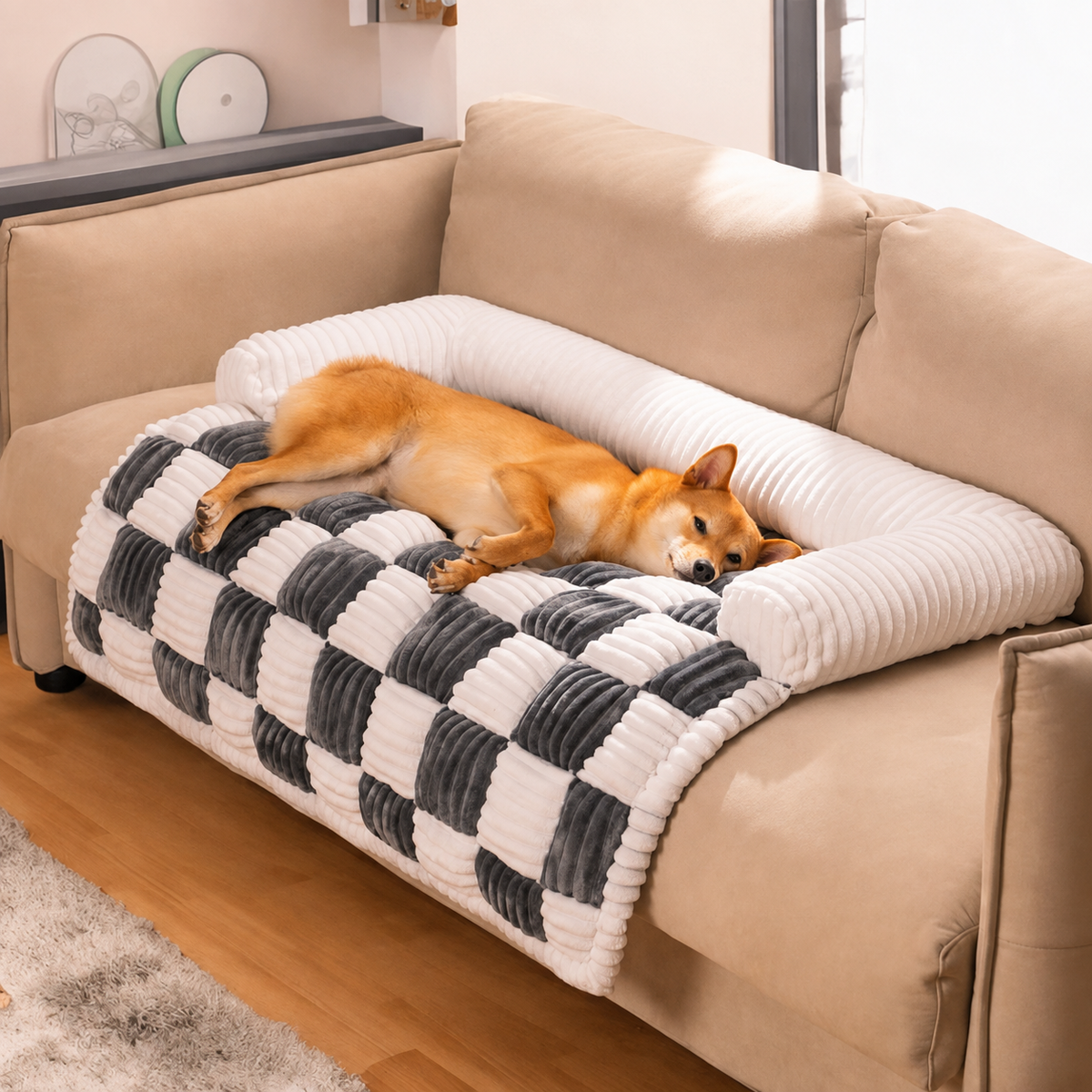 Plaid Dog Mat | Cushioned Cotton Squares, Anti-Slip Base