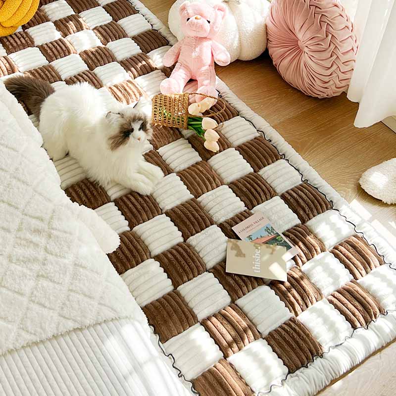 Pet Mat Bed | Cream Plaid Pattern, Chenille Fabric 1