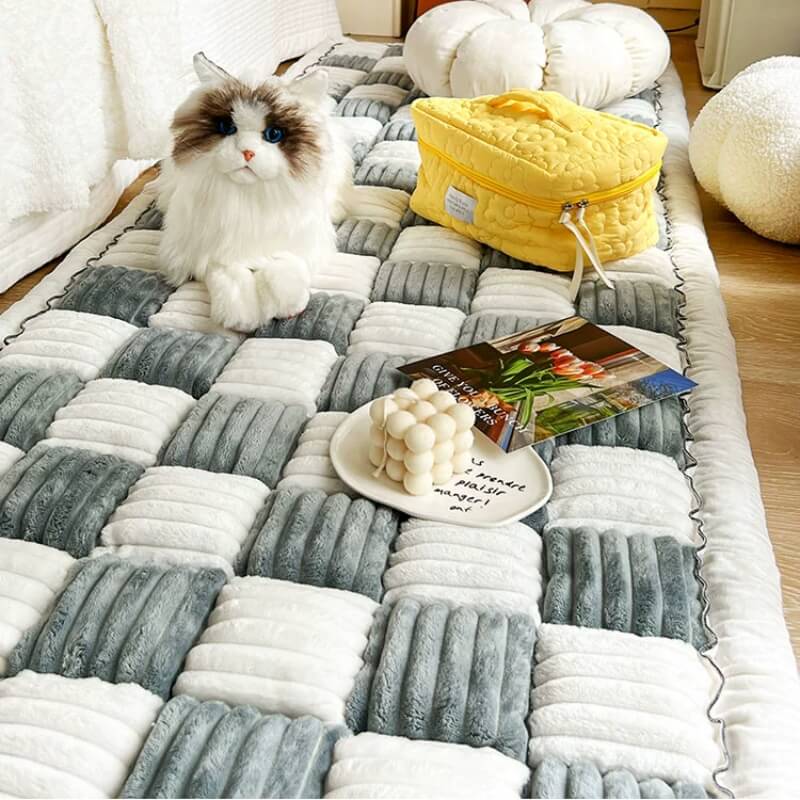 Pet Mat Bed | Cream Plaid Pattern, Chenille Fabric 12