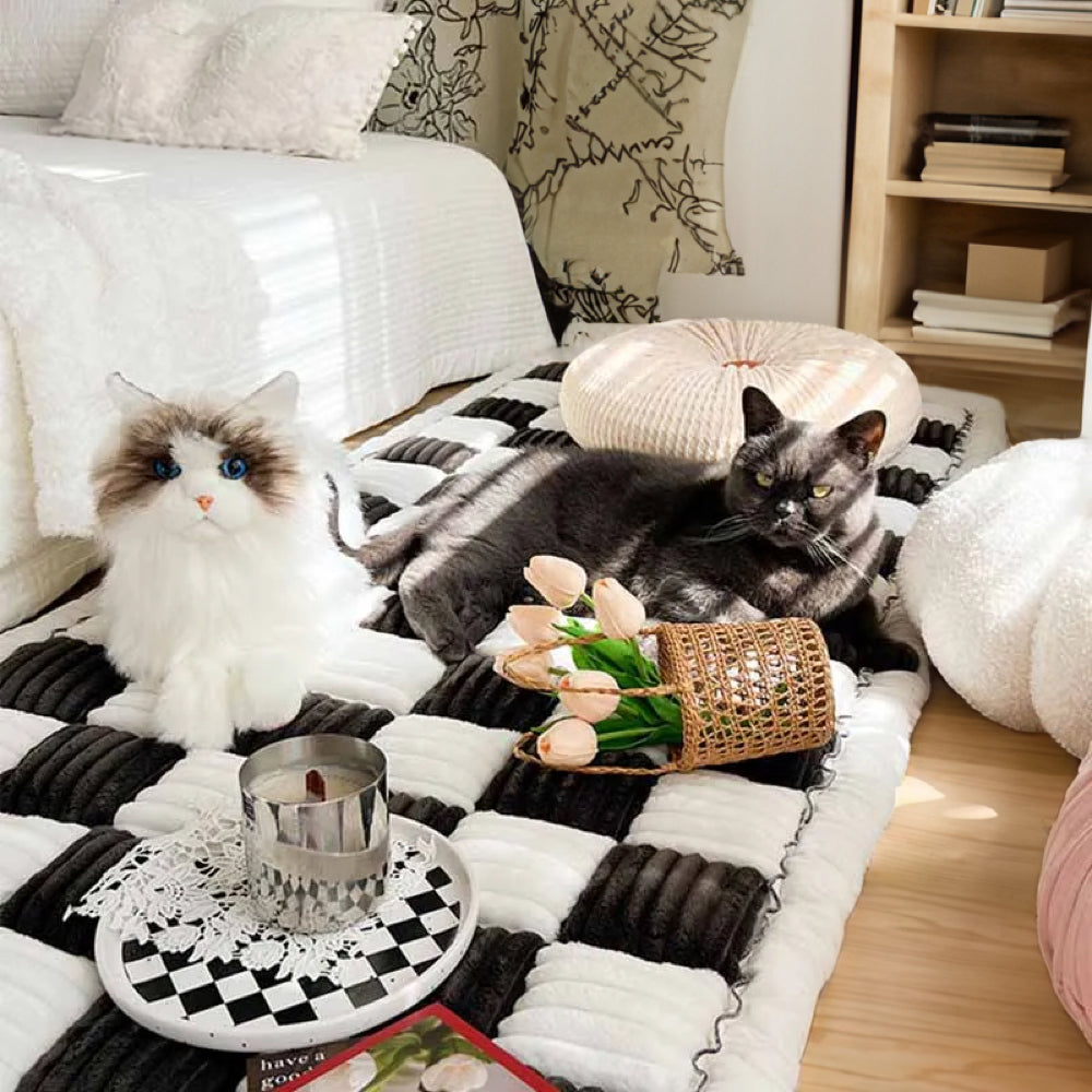 Pet Mat Bed | Cream Plaid Pattern, Chenille Fabric 14