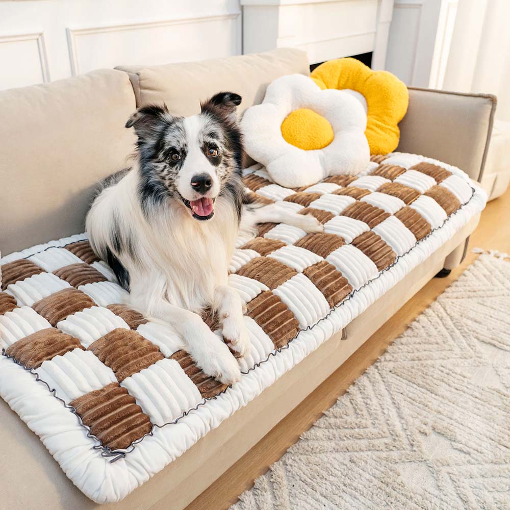Pet Mat Bed | Cream Plaid Pattern, Chenille Fabric 6