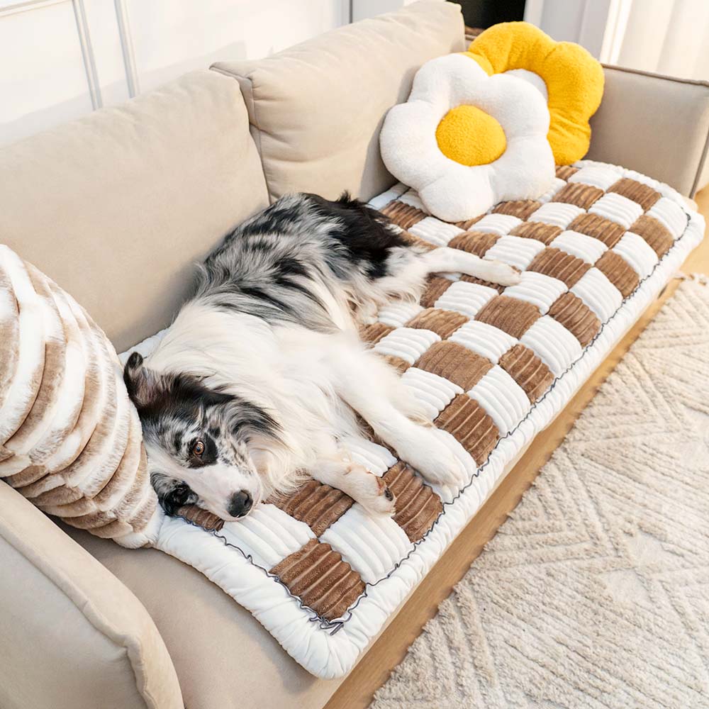Pet Mat Bed | Cream Plaid Pattern, Chenille Fabric 7
