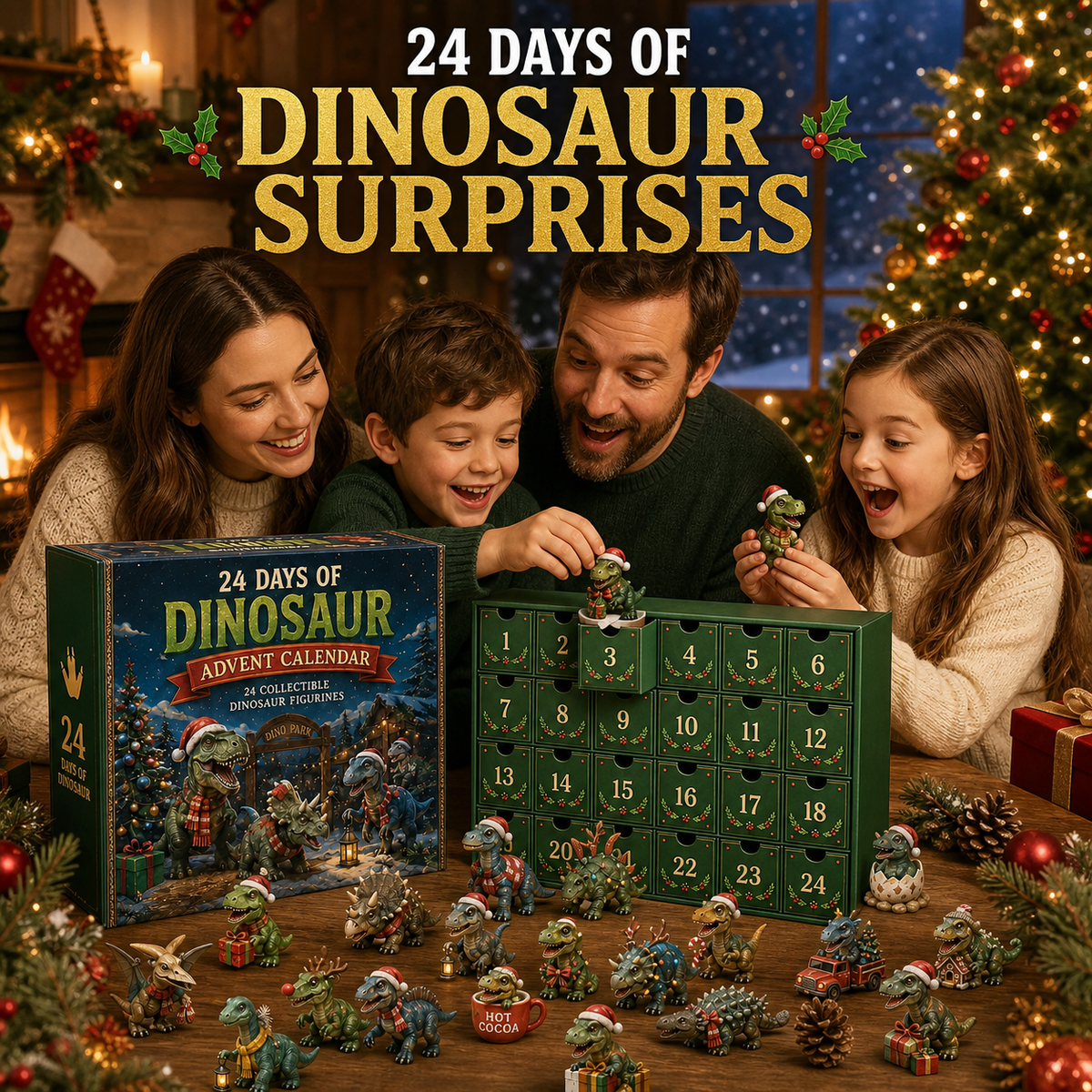 Family opening the dinosaur advent calendar