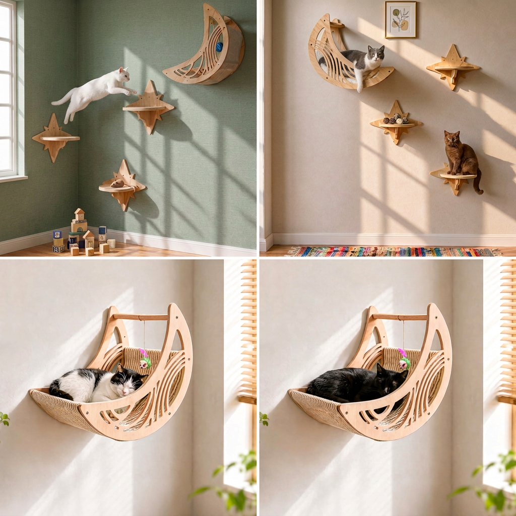 Modern Wooden Moon & Star Wall-Mounted Cat Climbing Shelves & Bed Set