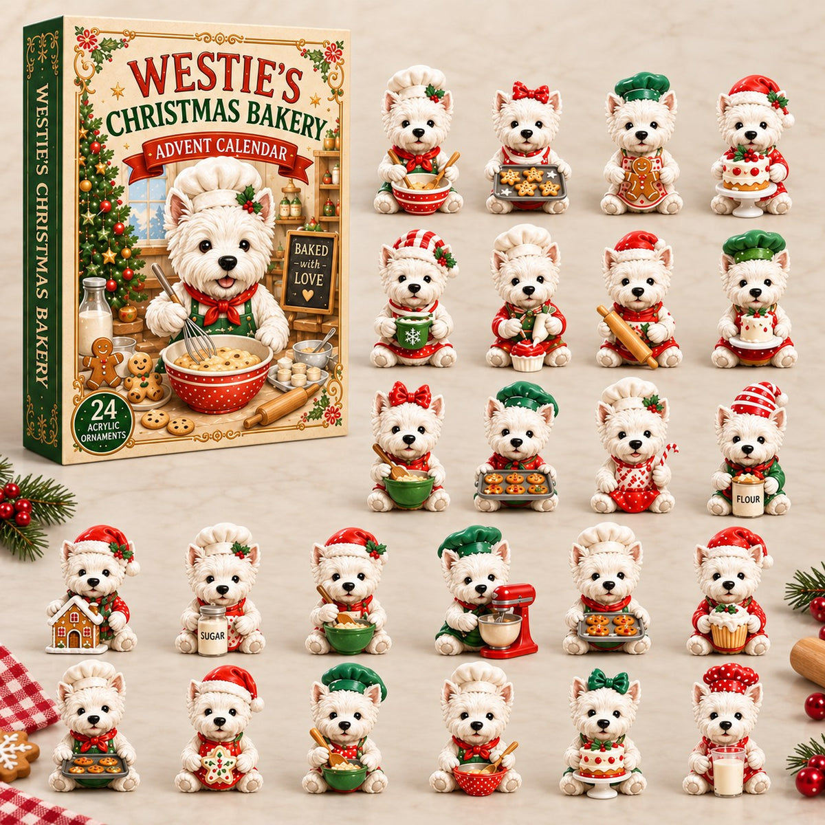 Complete collection of 24 Westie bakery figurines